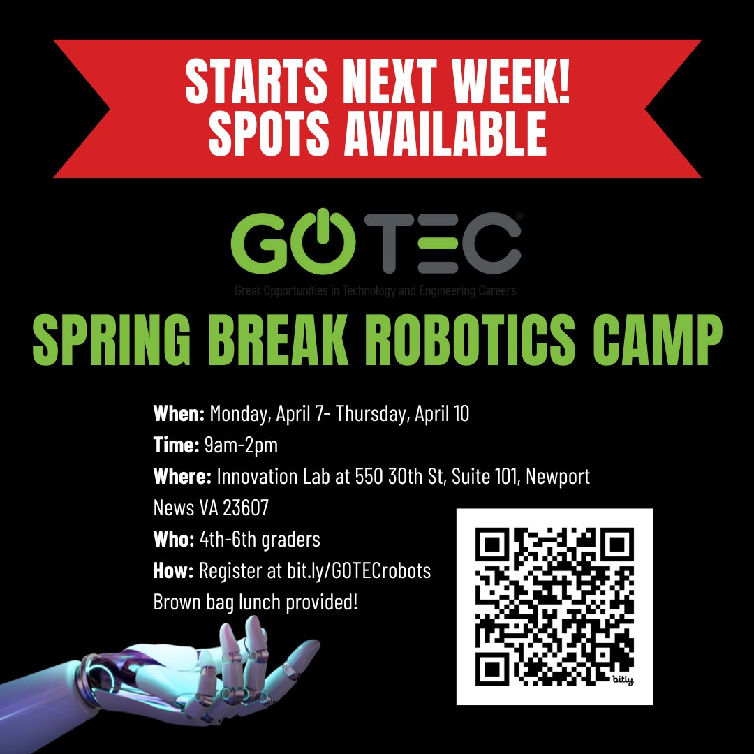 ODU Brooks Crossing Innovation Lab (@odubcilab) on Twitter photo Spring break starts next week! Are you looking for something for your child to do? Join our FREE GO TEC robotics Camp while spots are available! Email k1mccoy@odu.edu with questions. Register here: bit.ly/GOTECrobots Spring break starts next week! Are you looking for something for your child to do? Join our FREE GO TEC robotics Camp while spots are available! Email k1mccoy@odu.edu with questions. Register here: bit.ly/GOTECrobots