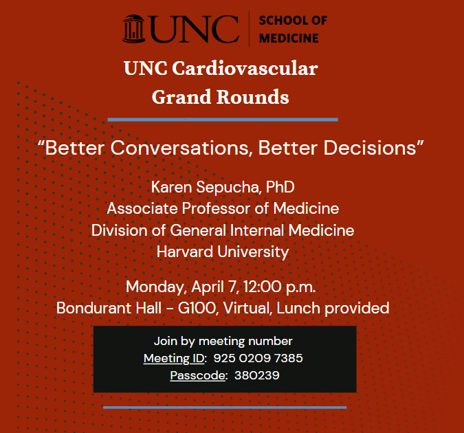 UNC Division of Cardiology (@unccardiology) on Twitter photo Karen Sepucha, PhD, Assoc. Professor of Medicine, Div. of General Internal Medicine, Harvard, will be our next Cardiology Grand Rounds speaker on Monday, April 7. <a href="/UNC_SOM/">UNC School of Medicine</a> <a href="/UNCDeptMedicine/">UNC Department of Medicine</a> <a href="/UNC_Health_Care/">UNC Health</a> #CardioEd
Join from the Zoom meeting link:
go.unc.edu/q7K4B Karen Sepucha, PhD, Assoc. Professor of Medicine, Div. of General Internal Medicine, Harvard, will be our next Cardiology Grand Rounds speaker on Monday, April 7. <a href="/UNC_SOM/">UNC School of Medicine</a> <a href="/UNCDeptMedicine/">UNC Department of Medicine</a> <a href="/UNC_Health_Care/">UNC Health</a> #CardioEd
Join from the Zoom meeting link:
go.unc.edu/q7K4B