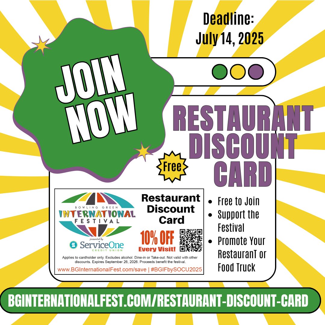 bginternational's tweet image. Join our Restaurant Discount Card! If you're in the restaurant business (or know someone who is) it is a great opportunity to support the festival and support your restaurant. Plus, it's FREE! Visit bginternationalfest.com/restaurant-dis…  to sign up today.