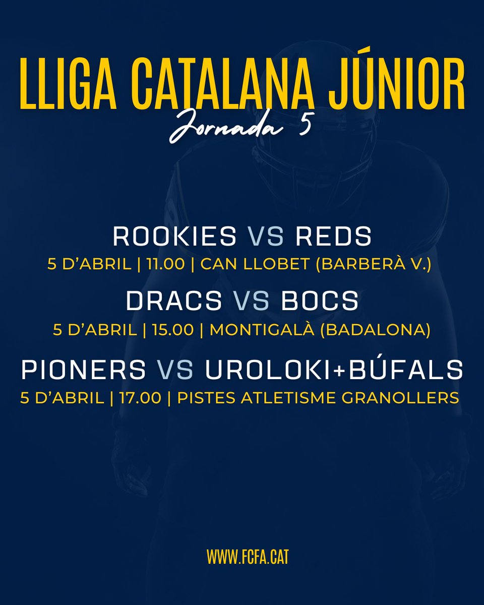 🏈 AGENDA CAP DE SETMANA 🏈

🏆 J5 #LCFAJúnior 

#FCFA #futbolamericà #americanfootball <a href="/esportcat/">Esports</a> <a href="/UFECcat/">Unió de Federacions Esportives de Catalunya</a> <a href="/ArgentonaBocs/">BOCS Argentona-Maresme</a> <a href="/barberarookies/">Barberà Rookies</a> <a href="/pioners/">Pioners</a> <a href="/terrassareds/">Terrassa Reds</a> <a href="/Uroloki/">Barcelona Uroloki</a> <a href="/bufals/">Barcelona Búfals</a> <a href="/BDN_Dracs/">Badalona Dracs</a> <a href="/AcademyDracs/">Dracs Academy</a>