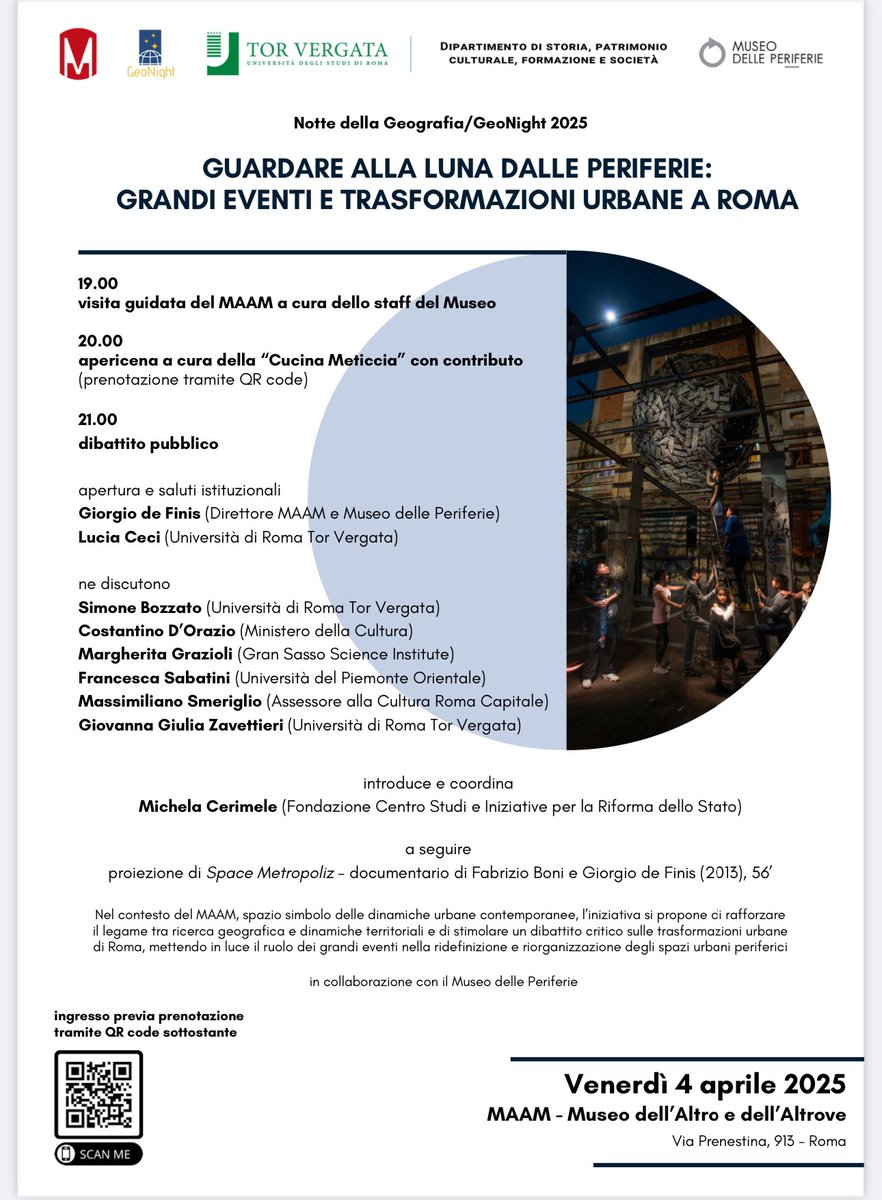Notte della Geografia 2025: Guardare la luna dalle periferie organizzata dalle geografe e dai geografi del Dipartimento di Storia, Patrimonio culturale Formazione e Società dell’Università di Roma Tor Vergata