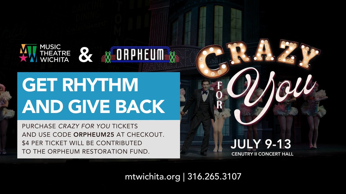 Music Theatre Wichita (@mtwichita) on Twitter photo Support <a href="/WichitaOrpheum/">Wichita Orpheum Theatre</a> , See Crazy For You! 🎭 MTWichita's Crazy For You at Century II benefits the Orpheum's renovation. Tickets on sale Mon, April 7 at mtwichita.org/box-office/buy… w/ code ORPHEUM25 = $4 donation! All MTW summer tix same day. #MTWichita #OrpheumWichita #CrazyForYou Support <a href="/WichitaOrpheum/">Wichita Orpheum Theatre</a> , See Crazy For You! 🎭 MTWichita's Crazy For You at Century II benefits the Orpheum's renovation. Tickets on sale Mon, April 7 at mtwichita.org/box-office/buy… w/ code ORPHEUM25 = $4 donation! All MTW summer tix same day. #MTWichita #OrpheumWichita #CrazyForYou