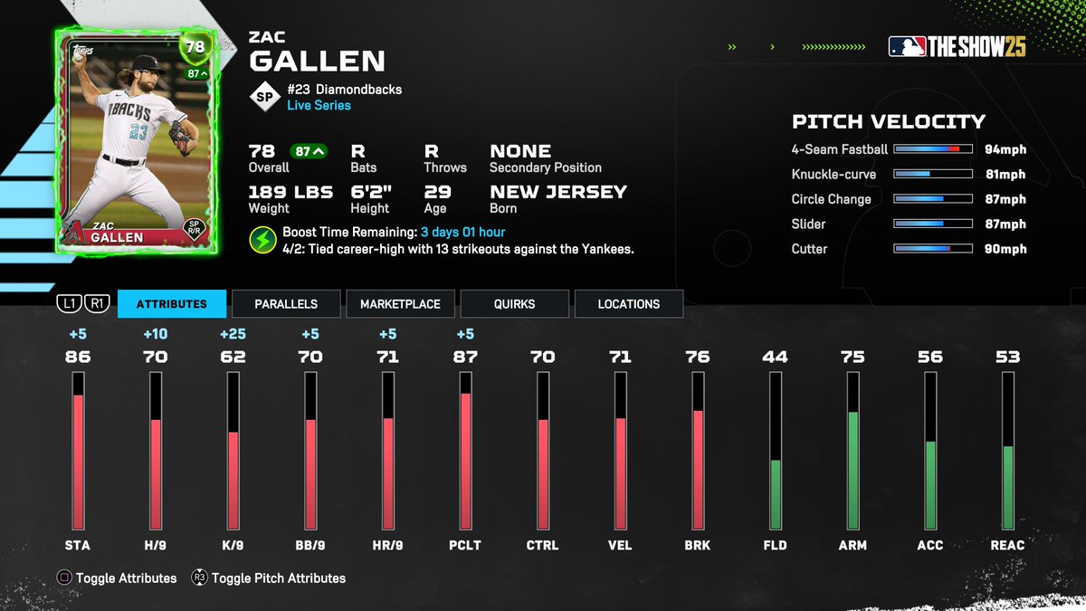 A dominant performance by Zac Gallen with 13 strikeouts!🔥

Zac gets🔋#Supercharged🔋for the next 3️⃣ days!

#MLBTheShowSC  | #Dbacks