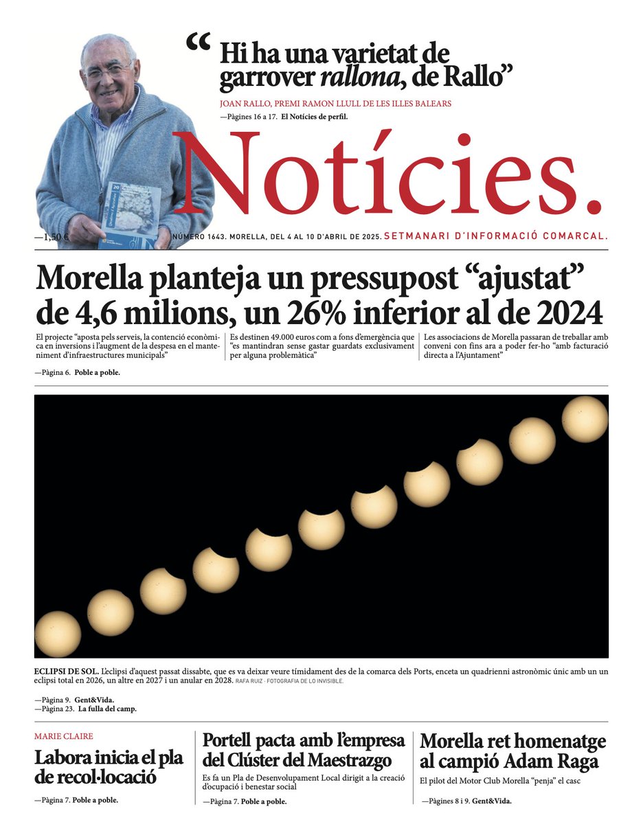 Aquesta és la portada del <a href="/set_noticies/">setmanari Notícies</a> que ix demà divendres al carrer!
🗞
#Morella #Portell #Vilafranca #ElsPorts #Castelló #ComunitatValenciana