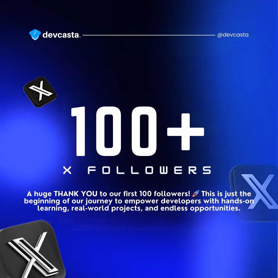 Devcasta's tweet photo. 🎉 100 followers and counting! 🚀

 Thank you for being part of the DevCasta journey! 

This is just the beginning—something exciting is coming soon! Stay tuned. 👀✨

🔗 Join us: https://t.co/PNNodOXB90 

#DevCasta #Web3 #AI #TechCommunity