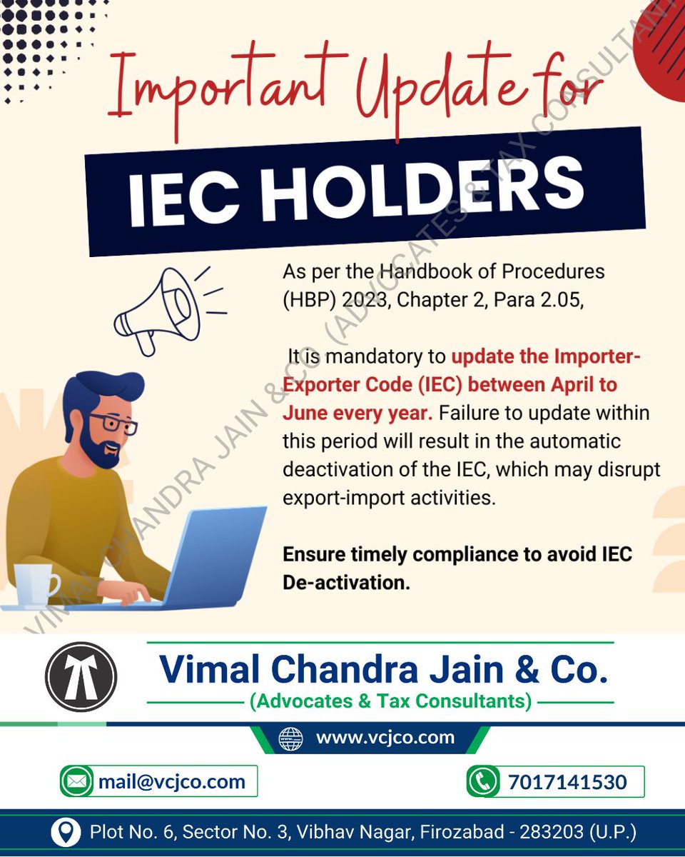 vcj_co's tweet image. Important Update for IEC Holders.
#iec #importexportcode #import #export #tarrif #compliance #trade #vcjco #firozabad #agra #shikohabad #itr #incometaxreturn #refund #gst #gstr #gstregistration #tax #taxation #gstin #incometax #law #legal #lawfirm