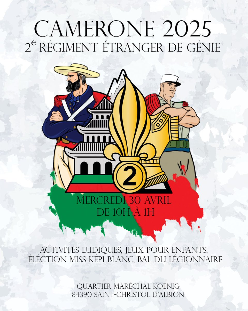 CDC_2eREG's tweet image. Le 30 avril nous célébrerons #Camerone 
au quartier Maréchal Koenig 

Programme :
11h : prise d’armes
13h - 18h : animations et activités ludiques pour petits et grands
19h30 - 21h15 : gala de boxe et élection de miss Képi Blanc 2025
21h30 : bal du légionnaire 

Entrée libre