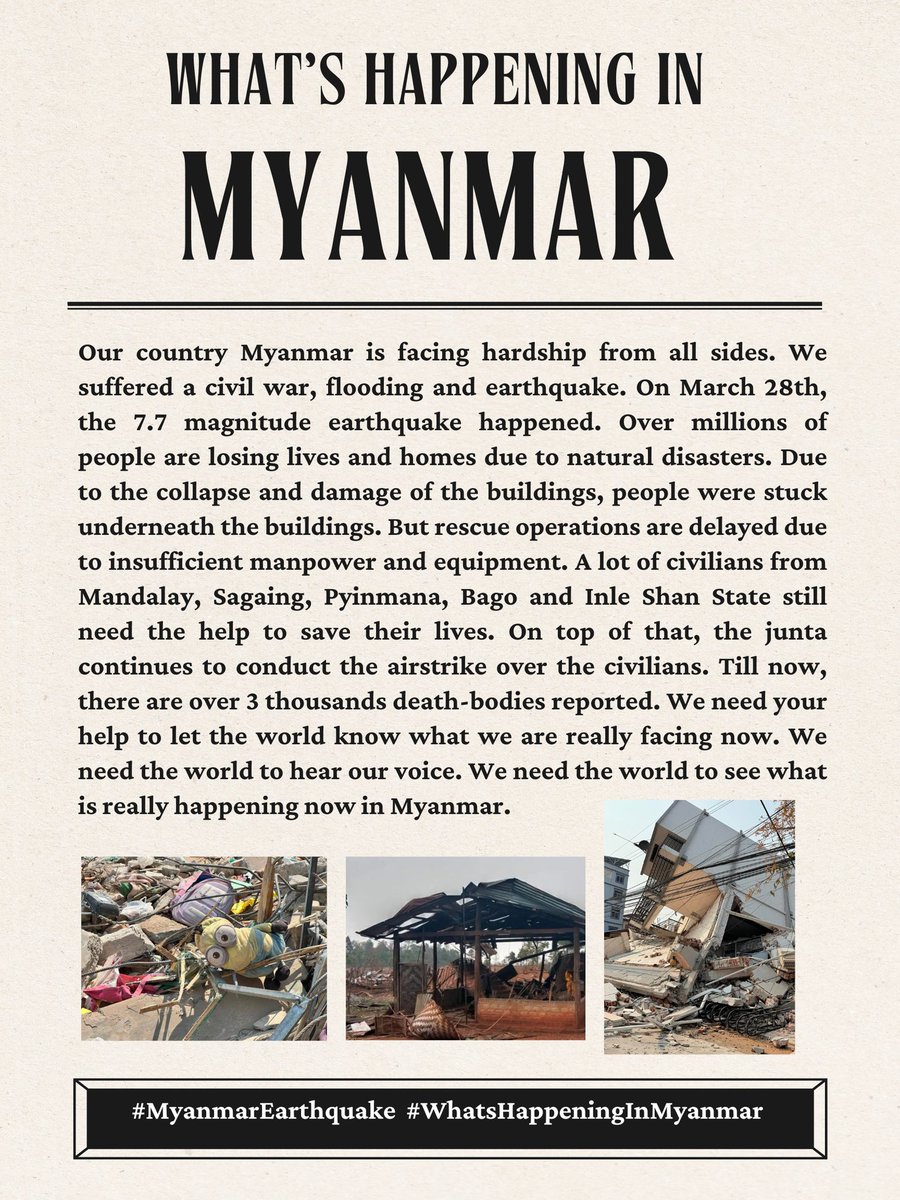 AngelYinwar's tweet image. We Need the World’s Attention!
A powerful earthquake has struck Myanmar,destroying many homes(ncluding mine)and leaving communities in distress.While I am safe,many are in urgent need of help. We need global support to aid those affected!
#MyanmarEarthquake  #HelpMyanmarQuake