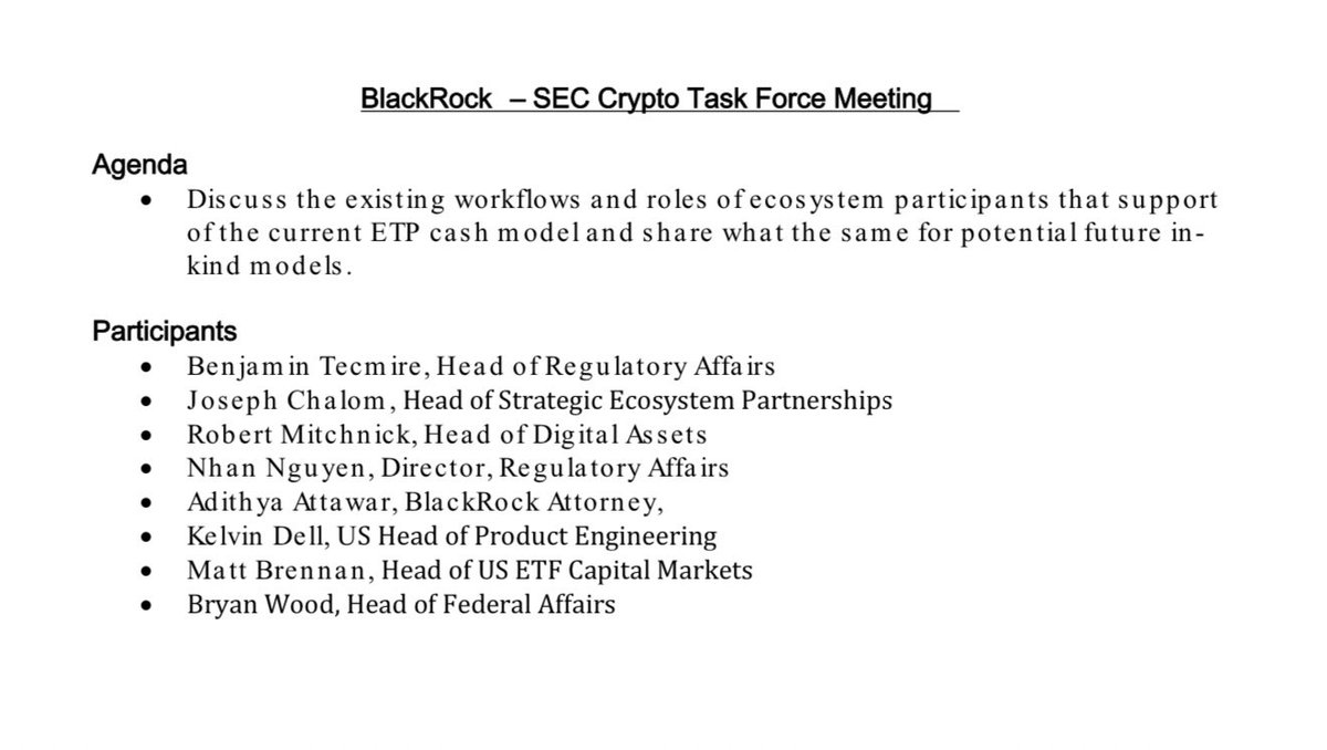 🚨NEW: A delegation from the world’s largest asset manager <a href="/BlackRock/">BlackRock</a> met with the <a href="/SECGov/">U.S. Securities and Exchange Commission</a> Crypto Task Force this week to discuss the firm’s existing #crypto ETFs and the potential of allowing future in-kind redemptions and creations for them.