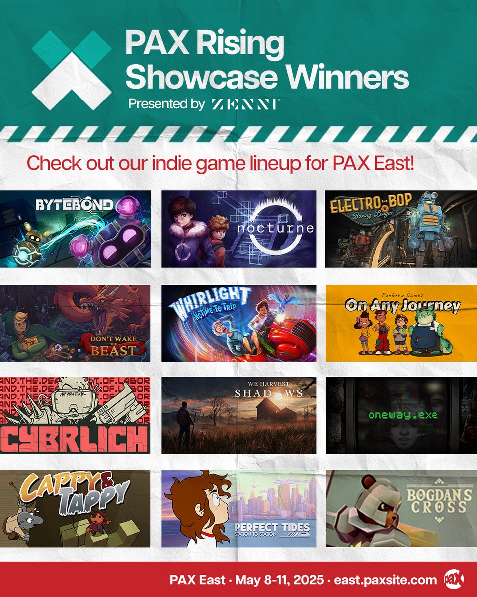 PAX (@pax) on Twitter photo Step into the future of indie gaming with the winners of the PAX Rising Showcase presented by <a href="/Zenni_Gaming/">Zenni Gaming</a> at #PAXEast 2025! Experience all these titles first-hand in our Expo Hall.
See the full list at PAXeast25.com/Rising
#IndieGames #IndieDevs Step into the future of indie gaming with the winners of the PAX Rising Showcase presented by <a href="/Zenni_Gaming/">Zenni Gaming</a> at #PAXEast 2025! Experience all these titles first-hand in our Expo Hall.
See the full list at PAXeast25.com/Rising
#IndieGames #IndieDevs