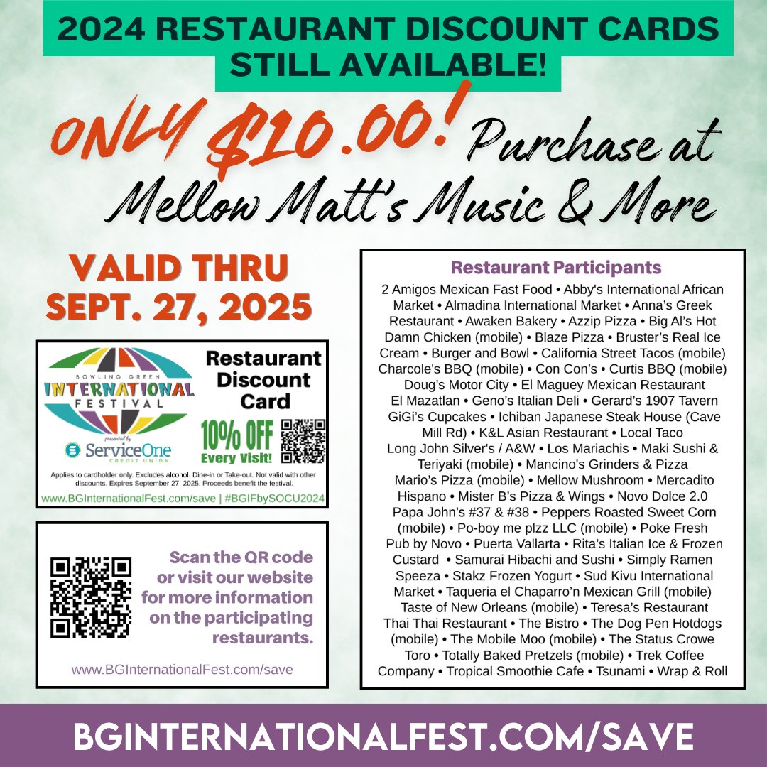 bginternational's tweet image. Forgot to buy a Restaurant Discount Card at the festival? You can still save 10% at restaurants &amp;amp; food trucks for only $10.  Visit Mellow Matt's Music and More on Smallhouse Rd. to get yours!  BGInternationalFest.com/Save #SAVE