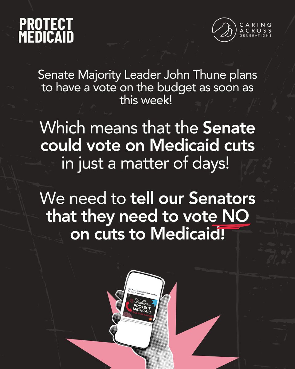 🚨 Medicaid Update! 🚨

The Senate may advance Medicaid cuts this week after the House approved a budget with $880 billion in cuts. We must act!

📞 Join the #ProtectMedicaid Day of Action and tell your Senators: Cuts are unacceptable! 👉

go.caringacross.org/a/call-congres…