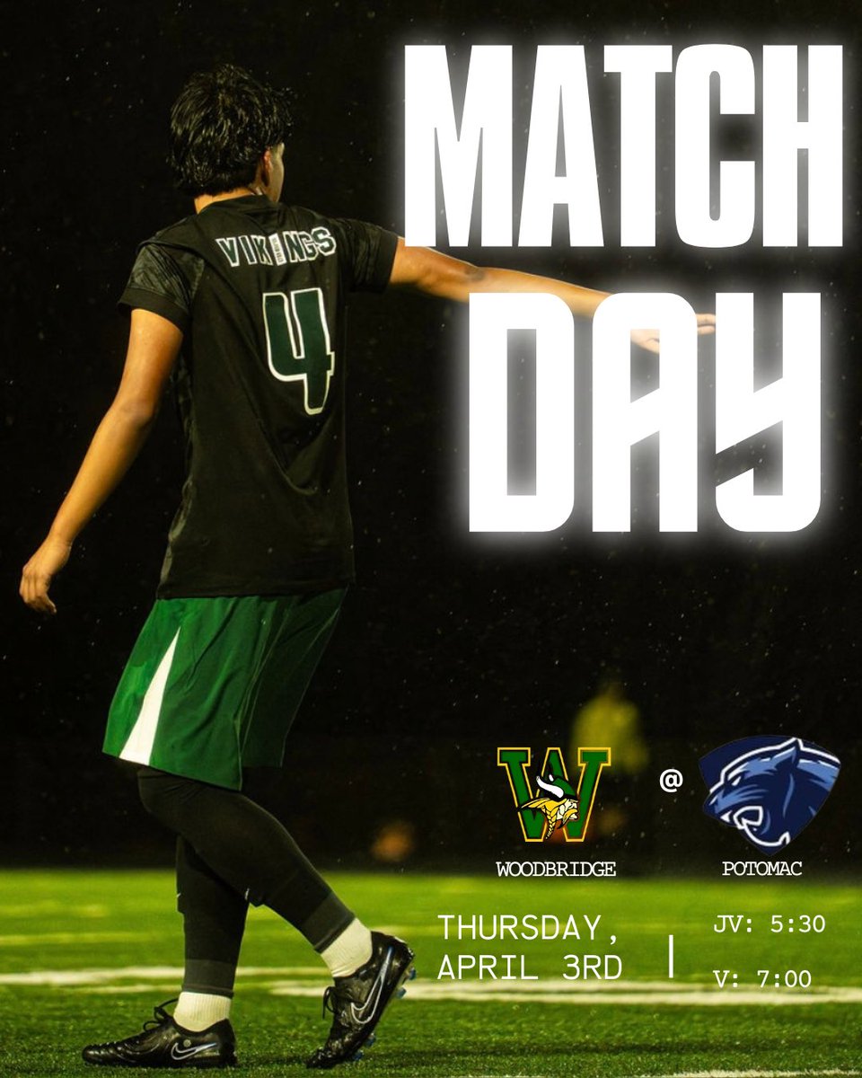 GAME DAY!!
The boys take on the Potomac Panthers on the road!!
#vikingsoccer

⚽️ Woodbridge Vikings⠀
🆚 <a href="/AthleticsPshs/">PSHS-Athletics</a> 
📆 4.3.2025
🕔 JV at 5:30; Varsity at 7:00 PM
🏆 Cardinal District  
🎯Potomac HS
