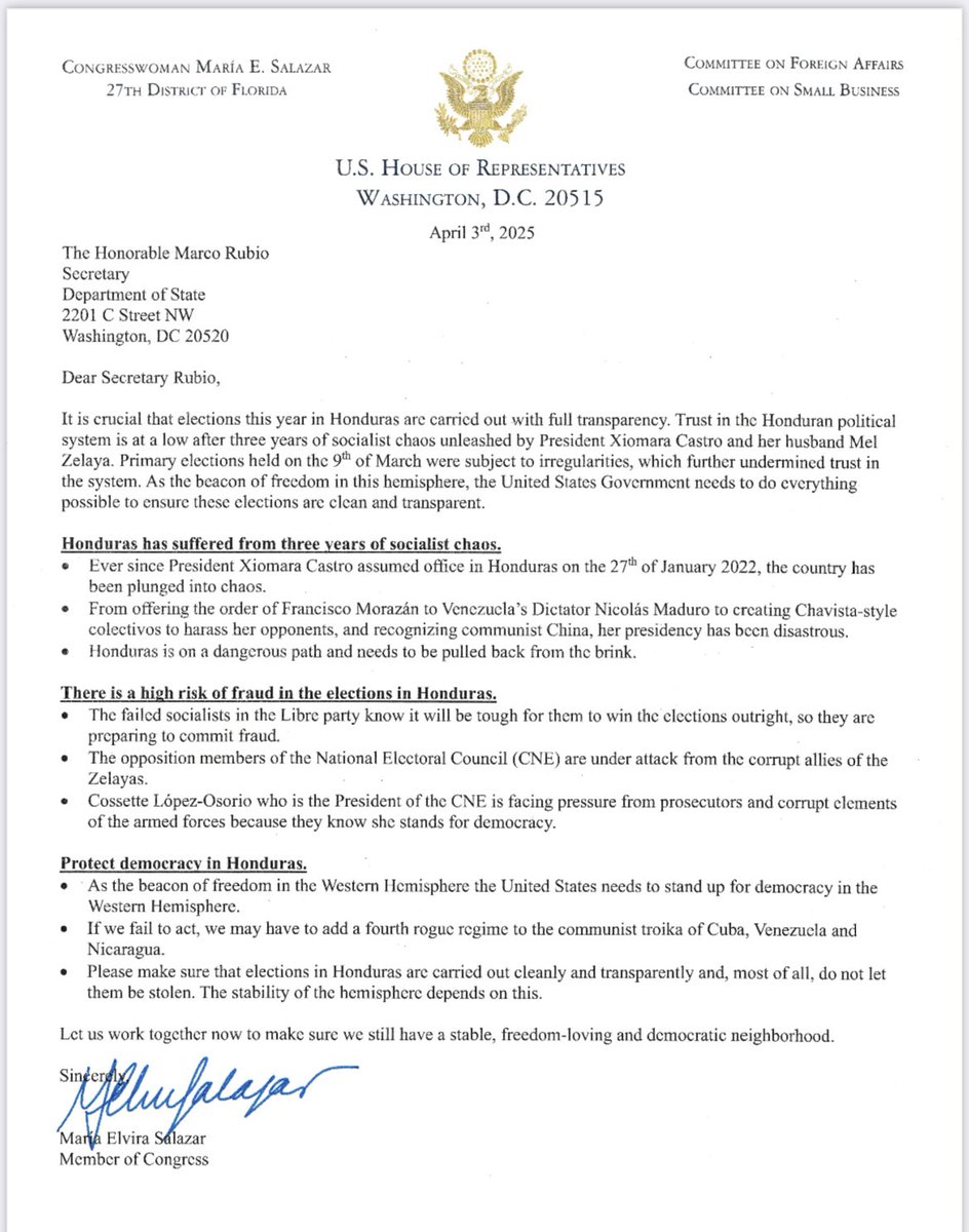Honduras is in danger of following Venezuela’s path toward socialism. Xiomara Castro and Mel Zelaya are adopting Chávez-Maduro-style policies—intimidating rivals and undermining democracy. 

That’s why I’m asking <a href="/SecRubio/">Secretary Marco Rubio</a> to help ensure free, fair elections.