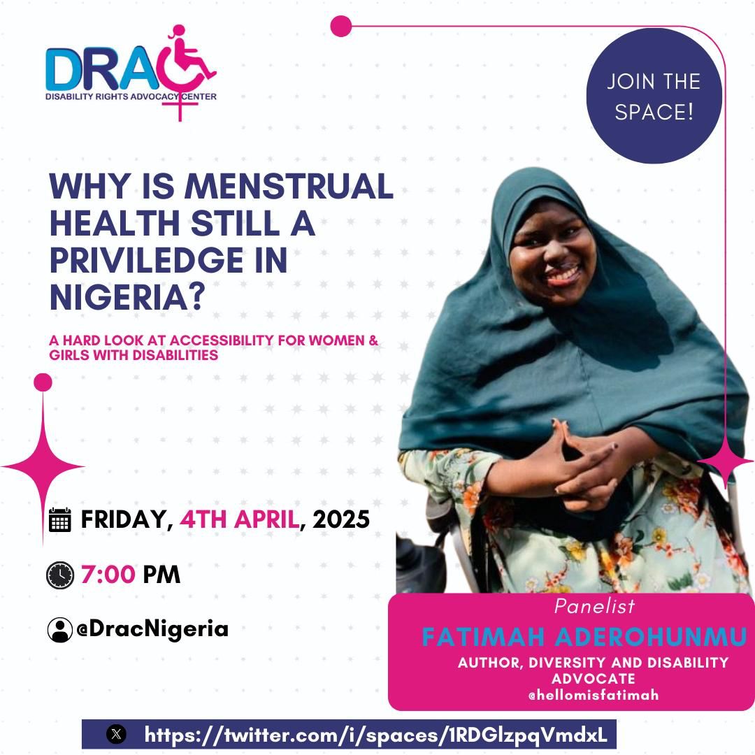 himissfatimah's tweet photo. Menstrual health is about dignity &amp; independence, yet many women with disabilities face barriers — restrooms we can’t access, products we can’t use, &amp; stigma that silences us.

I’ll be speaking at @DRACNigeria twitter space to highlight these challenges &amp; propose solutions. https://t.co/9HWODheY9j