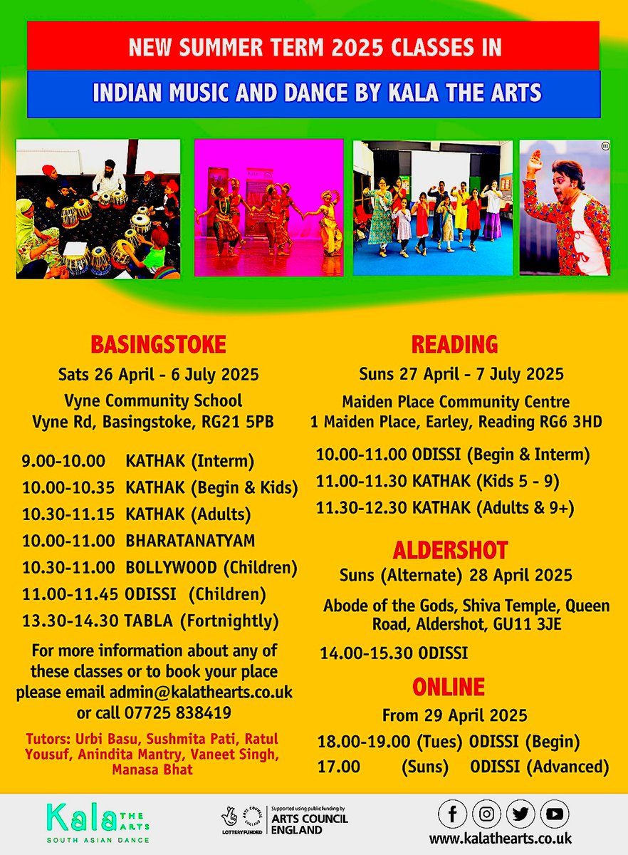 Some details of Kala's forthcoming Summer Classes which are taking place in Reading, Basingstoke, Aldershot, and Online, below.  Why not book now to secure your place.