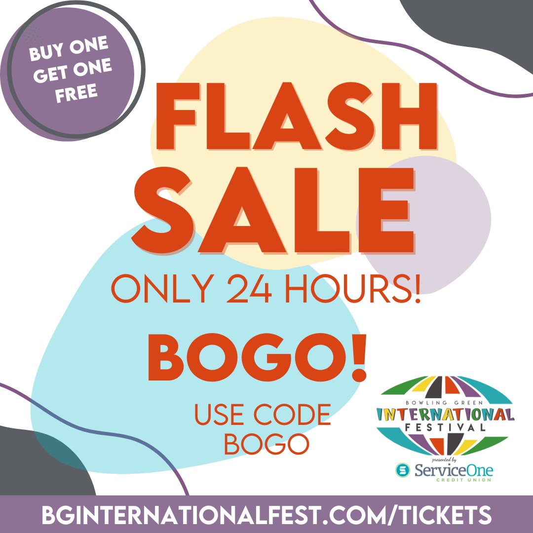 bginternational's tweet image. BOGO 24 Hour TICKET SALE! Order before Noon tomorrow (4/28) to buy one, get one free! BGInternationalFest.com/tickets Let your friends know about this awesome deal! #BGIFbySOCU2025 #save #bogo Festival takes place 9/27/25 Circus Square Park, Bowling Green KY.
