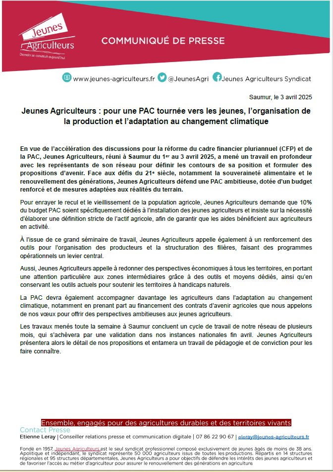 [#CP] 📣🚨Jeunes Agriculteurs : pour une PAC tournée vers les jeunes, l’organisation de la production et l’adaptation au changement climatique
Notre communiqué 👇
urlr.me/dujnAa