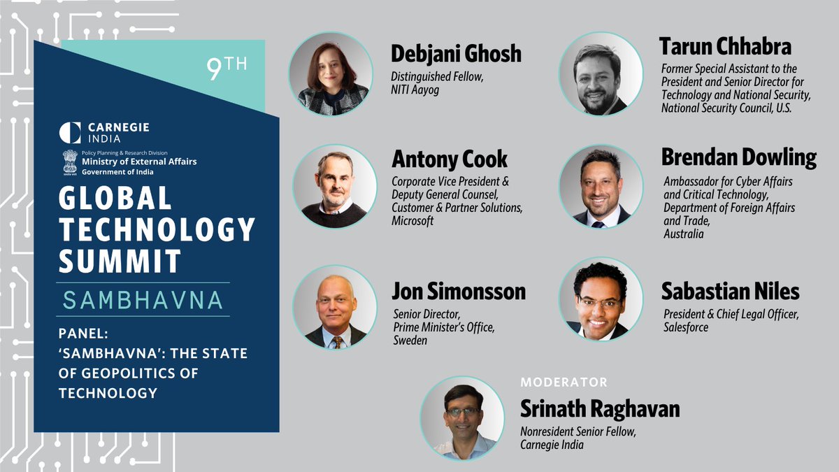 Carnegie India (@carnegieindia) on Twitter photo š Panel Spotlight: āSambhavnaā ā The State of Geopolitics of Technology
How are governments and corporations navigating global tech competition, regulation, and supply chains?
Join <a href="/debjani_ghosh_/">debjani ghosh</a>, <a href="/ChhabraT/">Tarun Chhabra</a>, <a href="/antonydc/">Antony Cook</a>, <a href="/AusAmbCyberTech/">Ambassador for Cyber Affairs & Critical Technology</a>, Jon Simonsson, Sabastian Niles, and š Panel Spotlight: āSambhavnaā ā The State of Geopolitics of Technology
How are governments and corporations navigating global tech competition, regulation, and supply chains?
Join <a href="/debjani_ghosh_/">debjani ghosh</a>, <a href="/ChhabraT/">Tarun Chhabra</a>, <a href="/antonydc/">Antony Cook</a>, <a href="/AusAmbCyberTech/">Ambassador for Cyber Affairs & Critical Technology</a>, Jon Simonsson, Sabastian Niles, and