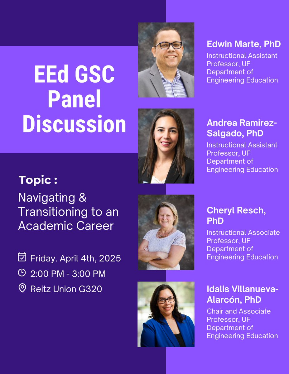 UF_Eng_Ed's tweet image. The Engineering Education Grad Student Council is pleased to invite you to our Spring panel discussion, “Transitioning to an Academic Career," at 2 p.m. on April 4th in Reitz G320. Cookies, tea, and lemonade will be provided for those in attendance. We'd love to see you there!