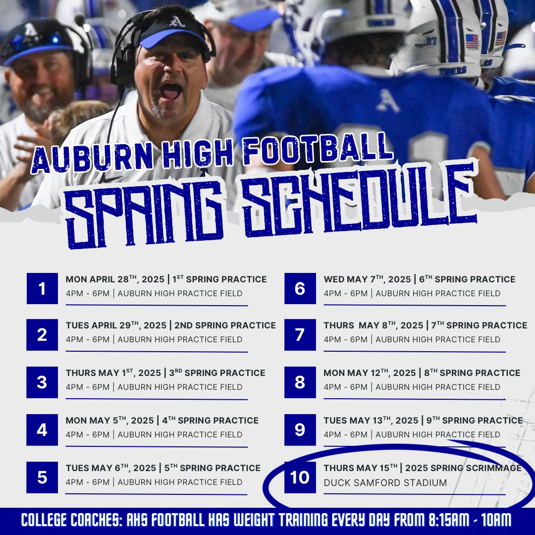 Auburn High Football (@auburnhighfb) on Twitter photo 2025 Auburn High Football Spring Schedule
College coaches: If you plan to visit to see our players, please contact Head Coach Keith Etheredge at ketheredge@auburnschools.org
#BlueCollarMentality 2025 Auburn High Football Spring Schedule
College coaches: If you plan to visit to see our players, please contact Head Coach Keith Etheredge at ketheredge@auburnschools.org
#BlueCollarMentality