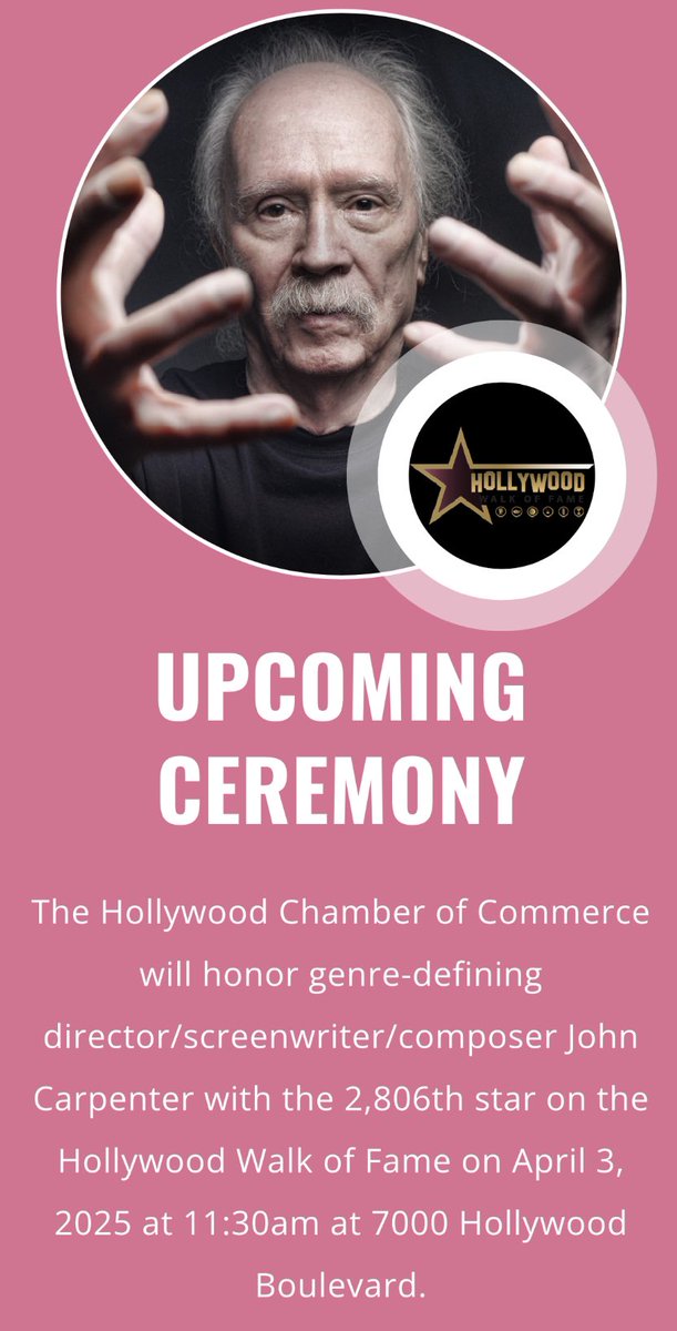 Five Dudes With Views (@fivedudesviews) on Twitter photo Congratulations! Long overdue…
Today, Thursday, April 3rd, John Carpenter <a href="/TheHorrorMaster/">John Carpenter</a> will be honored with a star on the Hollywood Walk of Fame at 11:30am PT
Stream below:
youtube.com/live/ukmr9t5uY…
<a href="/WalkofFameStar/">Walk of Fame</a> #horror Congratulations! Long overdue…
Today, Thursday, April 3rd, John Carpenter <a href="/TheHorrorMaster/">John Carpenter</a> will be honored with a star on the Hollywood Walk of Fame at 11:30am PT
Stream below:
youtube.com/live/ukmr9t5uY…
<a href="/WalkofFameStar/">Walk of Fame</a> #horror