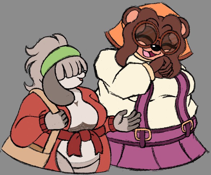 WalesFinest's tweet image. Sketched Lynette and a friend’s OC Winnie the Dog hanging out. I believe a dog and a bear can be friends!
