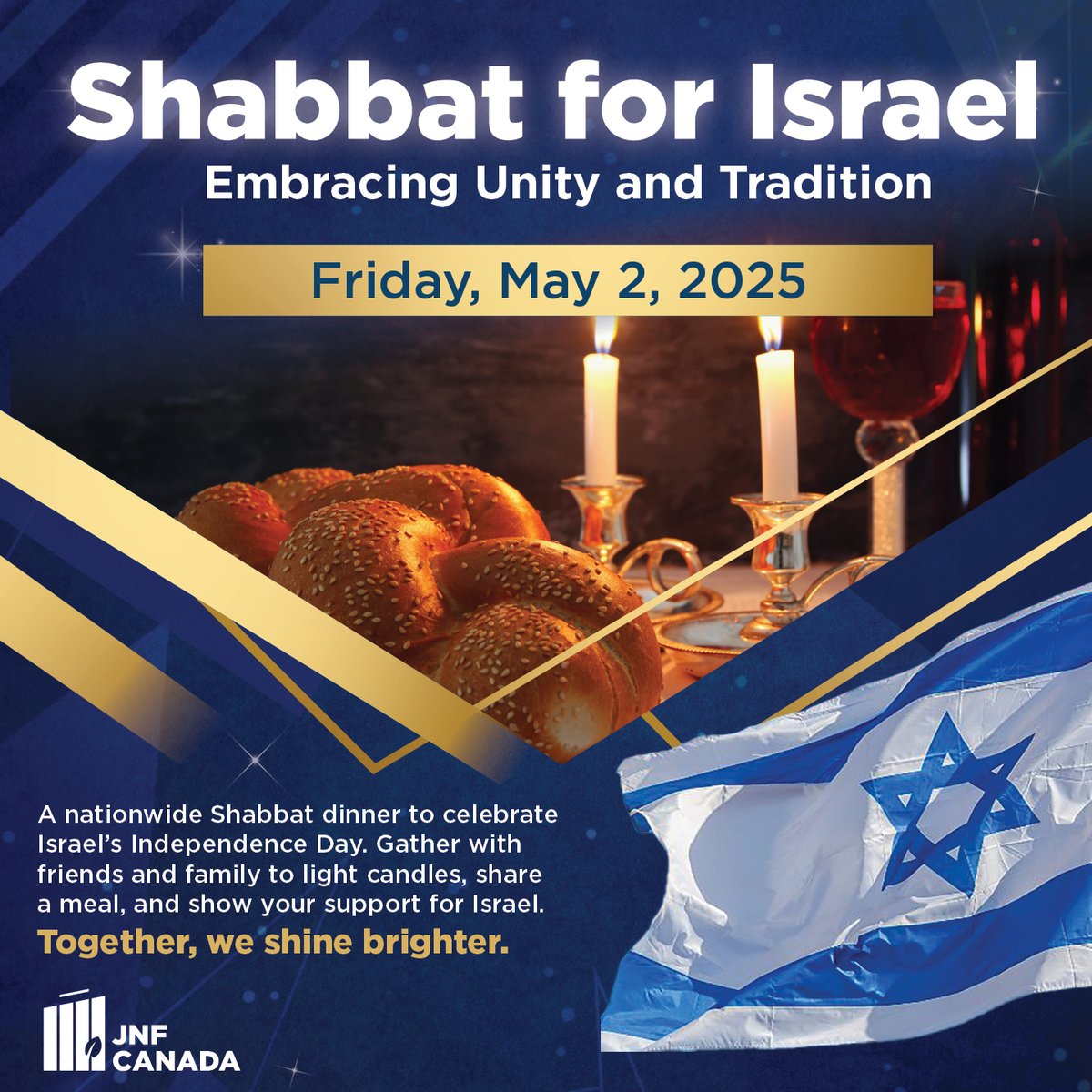 In honour of Yom Ha’atzmaut, Israel’s Independence Day, the Jewish National Fund of Canada is creating a nationwide Shabbat dinner experience. Homes and synagogues from coast to coast will be filled with friends and families all bound together by their unwavering support for
