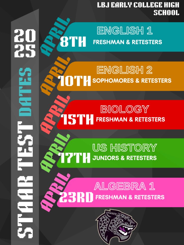 Hello Jaguars - Attached are the LBJ Spring 2025 STAAR Testing dates! Please make sure your Chromebook is charged and ready to go! 💻🧠