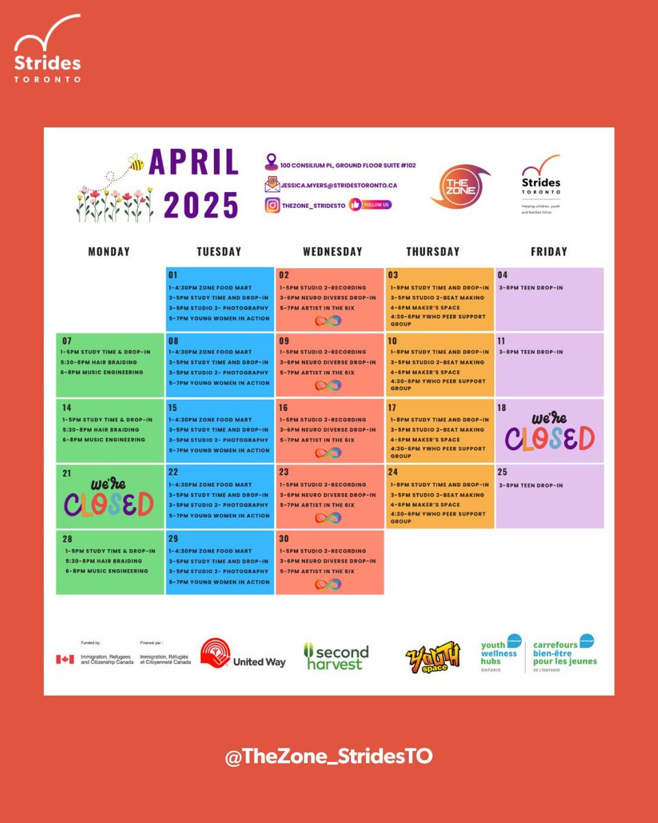 stridesTO's tweet image. Wondering what's happening around #StridesTO during the month of April? Swipe to see The Zone and Newcomer Youth Program April Calendars! #YouthPrograms #ScarbTO #ScarboroughYouth #YouthMentalHealth #Scarborough #YouthDropIn