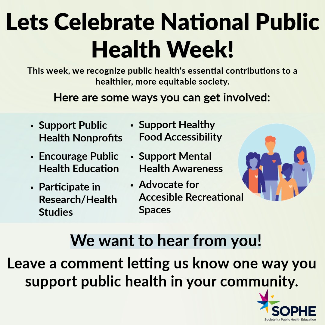 SOPHEtweets's tweet photo. Today kicks off National Public Health Week (NPHW), hosted by the @PublicHealth  🎉. This year’s theme, "It Starts Here," reminds us that public health begins in our homes, schools, workplaces, and neighborhoods.

https://t.co/fWIuM045lG

#APHA #SOPHE #NPHW https://t.co/Ju3iLqdYtE