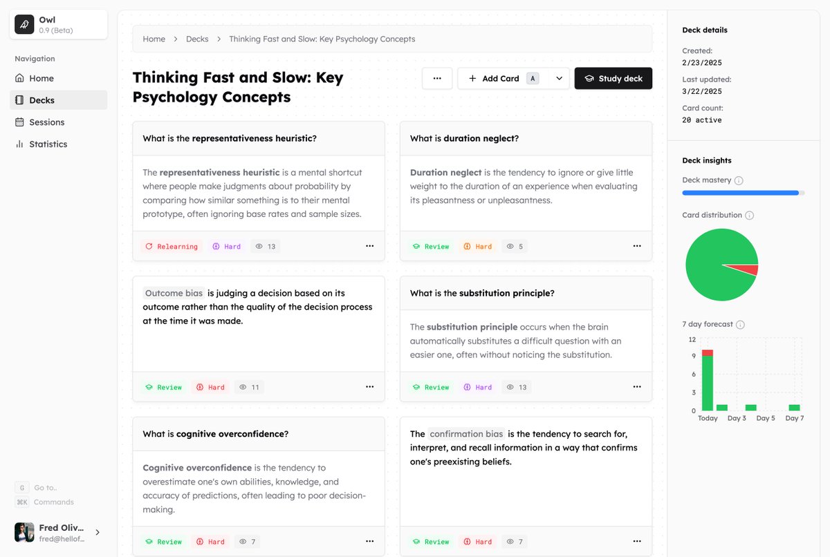 very excited to release something me and <a href="/biasedbit/">Bruno de Carvalho</a> worked on when he was in town. Owl is a spaced repetition app to facilitate memorization and learning. We built it for ourselves, but are setting it free.

owl.cards