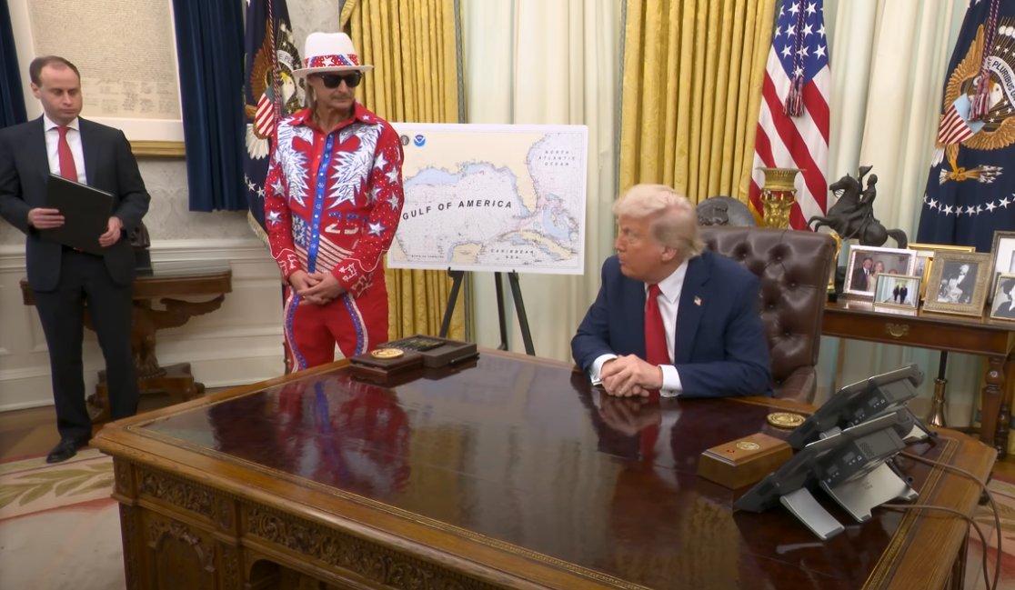 Does <a href="/KidRock/">KidRock</a> not even own a suit?
At least <a href="/ZelenskyyUa/">Volodymyr Zelenskyy / Володимир Зеленський</a> took his hat off indoors.

‘When cattle go into a palace, they don’t become the king, but the palace becomes a barn’ - Turkish proverb.