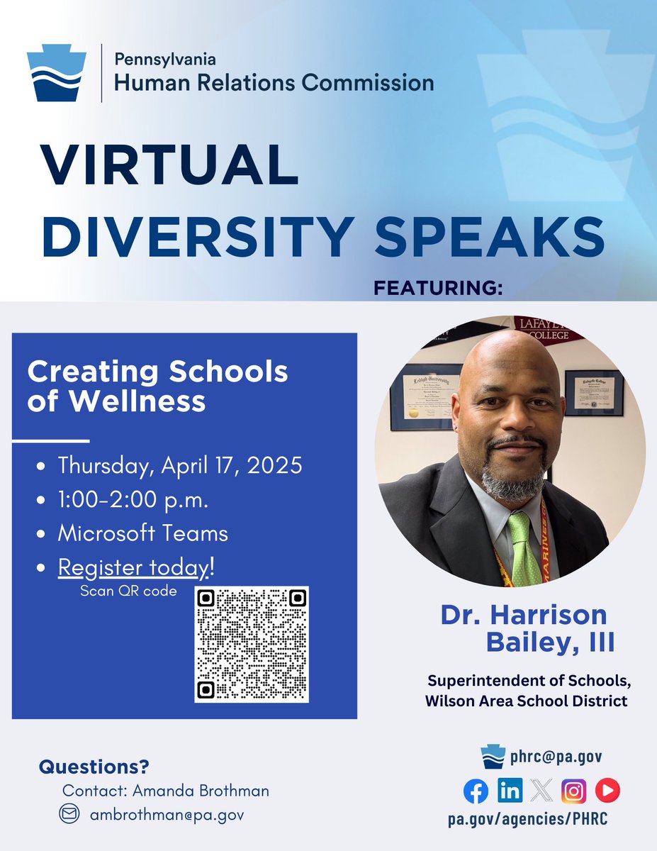 PA_HumRelComm's tweet image. 📢 HAPPENING TOMORROW 📢
PHRC Virtual Diversity Speaks webinar: Creating Schools of Wellness
🗓 Thursday, April 17
⏰ 1:00 PM
🎤 Featuring Dr. Harrison Bailey, III
🔗 Register now: events.gcc.teams.microsoft.com/event/9396645c…
#PHRC #DiversitySpeaks #EducationMatters  #InclusiveEducation