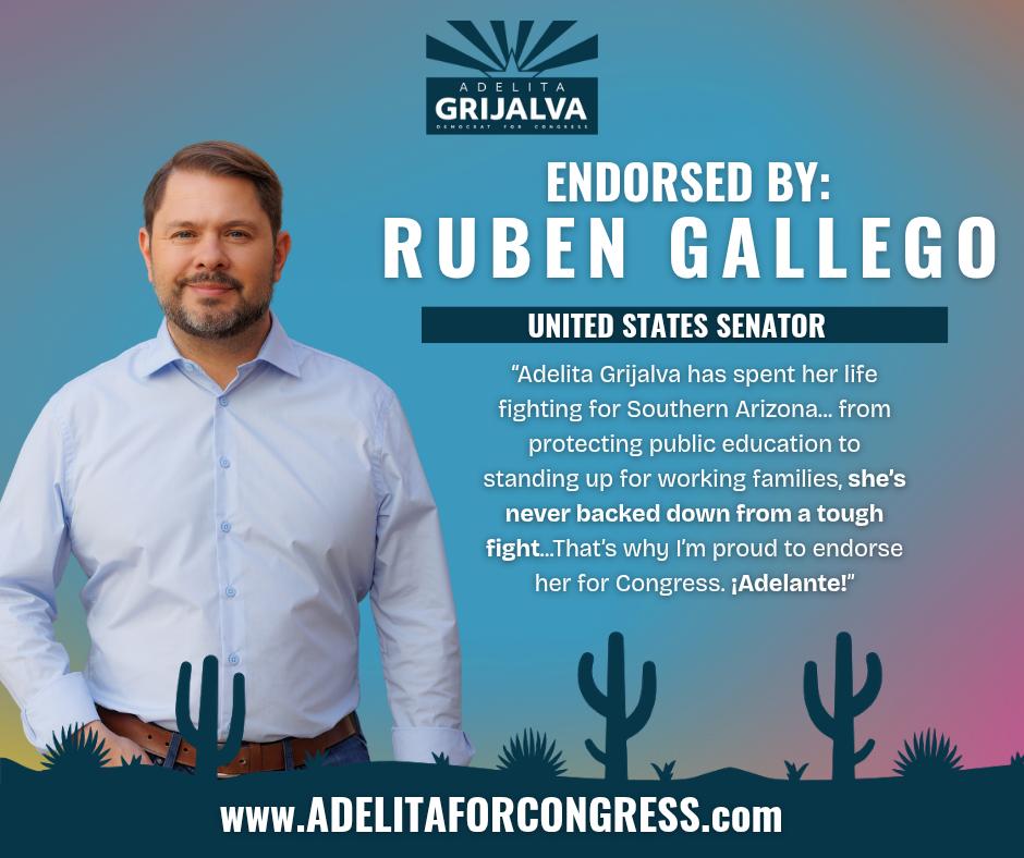 AdelitaForAZ's tweet photo. Endorsement Alert🚨: Senator Ruben Gallego has endorsed our campaign! @RubenGallego has never backed down from a fight for Arizona’s working people and our veterans - and neither will I. 

I’m honored to have his endorsement. ¡Mil Gracias!🌵#AllInForAdelita https://t.co/CGZNR8nFMB