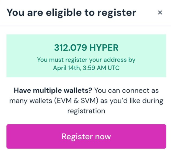 alexandresauv13's tweet photo. Hyperlane  

Vous pouvez maintenant savoir votre allocation $HYPER! 

✅Éligibilité 
Avoir dépensé <5$ en frais 

Pour recevoir votre airdrop
https://t.co/Vl7dnIY2k2

Il n'y a pas d'allocation pour vos wallet Cosmos, puisque ces transactions comptent pour vos interactions de vos wallets EVM.
 
📸Snapshot : 28 février 2025 

🪙Tokenomic
Total supply - 1B 
TGE supply - 177M 
TGE Airdrop - 75M

7,5% sera distribué via la première vague d'airdrop au TGE sur un total de 57% sur un horizon de 4 ans.

Prochaines étapes📅
Fin enregistrement - 14 avril
TGE - 20 avril
Fin réclamation - 5 mai

⚠️N'oubliez pas de faire la demande de votre allocation, sinon, vous allez perdre votre allocation le jour du TGE.

Estimation prix $HYPER si 
FDV entre 300-500M$ => 0,3-0,5$/$HYPER

Que pensez-vous du prix du token à sa sortie et quelle est votre allocation?!