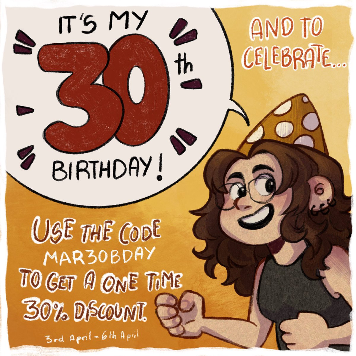 mareig3's tweet photo. It’s my birthday folks!! Let’s celebrate it by using this 30% discount code on my store! valid from now til the 7th of April! https://t.co/6kvPuEsJgd