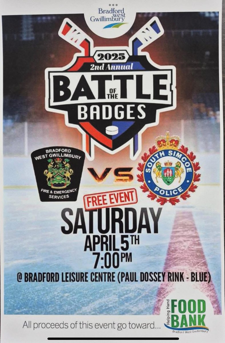 SimcoeSouth's tweet image. Join us at the Bradford Leisure Centre for an exciting Police vs Fire hockey game in support of a great cause! The SSPA is proud to co-sponsor this fundraising event, with all proceeds from t-shirt sales going directly to the Bradford Food Bank. FREE ADMISSION Everyone is welcome