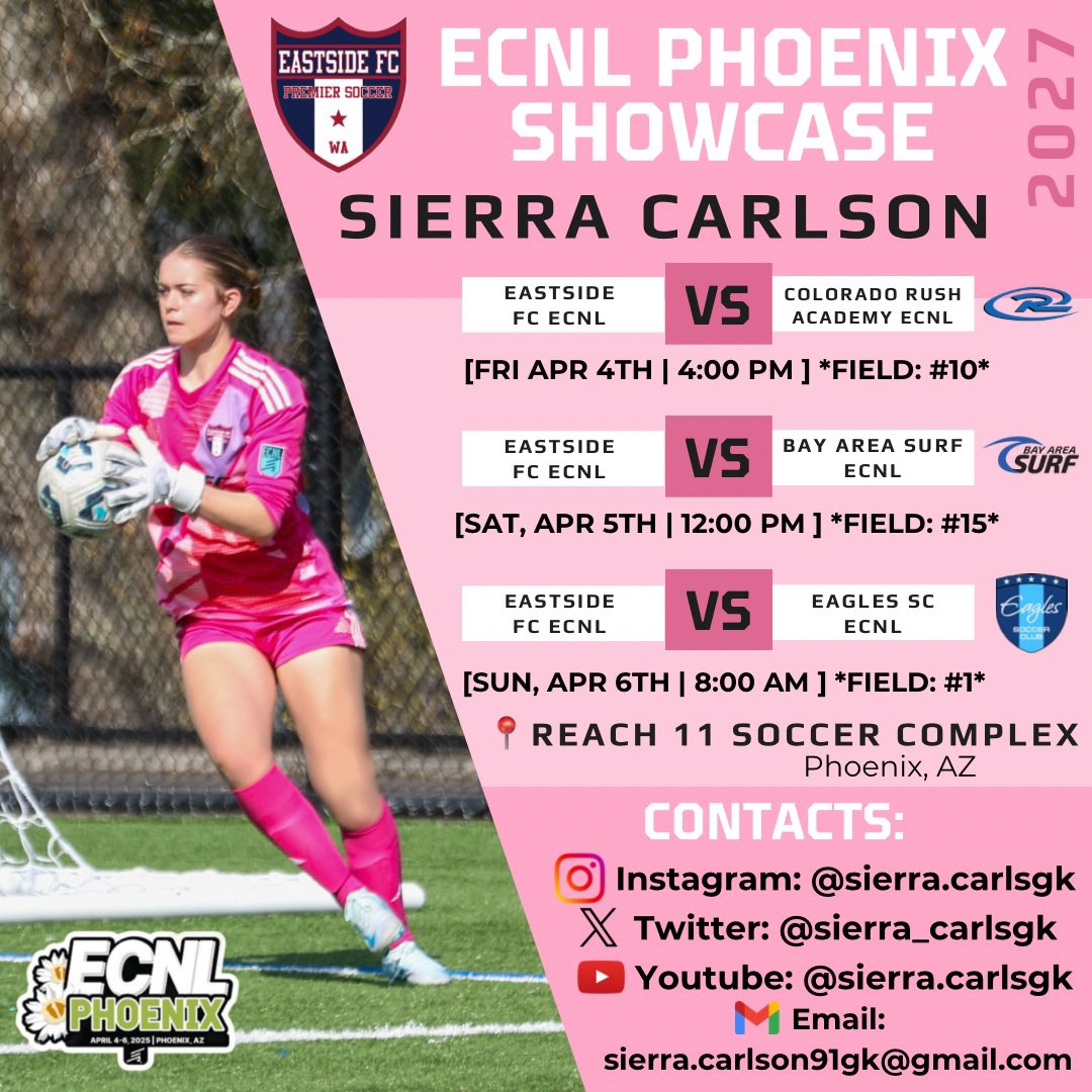 Sierra Carlson | ECNL 2027🧤 (@sierra_carlsgk) on Twitter photo Schedule for #ECNLPHX !! 🏜️🌵
<a href="/ECNLgirls/">ECNL Girls</a> <a href="/WestCoastGK/">West Coast GK</a> <a href="/PrepSoccer/">Prep Soccer ⚽️</a>
<a href="/TopDrawerSoccer/">TopDrawerSoccer</a> <a href="/ImYouthSoccer/">ECNL/GA/Recruiting/College Soccer</a>
<a href="/TheSoccerWire/">SoccerWire</a>
<a href="/UtahWSoccer/">Utah Women's Soccer</a> <a href="/USUSoccer/">USU Soccer</a> <a href="/BaylorFutbol/">Baylor Soccer</a> <a href="/BC_WSOC/">Boston College Women's Soccer</a> <a href="/zagwsoccer/">Gonzaga Women’s Soccer</a> <a href="/KStateSOC/">K-State Soccer</a> <a href="/DU_WSoccer/">Denver Women's Soccer</a> <a href="/Vandal_Soccer/">Idaho Vandals Soccer</a> <a href="/Pitt_WSOC/">Pitt Women's Soccer</a> <a href="/UW_WSoccer/">Washington Women's Soccer</a> <a href="/wvuwomenssoccer/">WVU Women's Soccer</a> <a href="/FordhamWoSoc/">Fordham WoSoc</a> <a href="/CuseWSOC/">Syracuse Women's Soccer</a> Schedule for #ECNLPHX !! 🏜️🌵
<a href="/ECNLgirls/">ECNL Girls</a> <a href="/WestCoastGK/">West Coast GK</a> <a href="/PrepSoccer/">Prep Soccer ⚽️</a>
<a href="/TopDrawerSoccer/">TopDrawerSoccer</a> <a href="/ImYouthSoccer/">ECNL/GA/Recruiting/College Soccer</a>
<a href="/TheSoccerWire/">SoccerWire</a>
<a href="/UtahWSoccer/">Utah Women's Soccer</a> <a href="/USUSoccer/">USU Soccer</a> <a href="/BaylorFutbol/">Baylor Soccer</a> <a href="/BC_WSOC/">Boston College Women's Soccer</a> <a href="/zagwsoccer/">Gonzaga Women’s Soccer</a> <a href="/KStateSOC/">K-State Soccer</a> <a href="/DU_WSoccer/">Denver Women's Soccer</a> <a href="/Vandal_Soccer/">Idaho Vandals Soccer</a> <a href="/Pitt_WSOC/">Pitt Women's Soccer</a> <a href="/UW_WSoccer/">Washington Women's Soccer</a> <a href="/wvuwomenssoccer/">WVU Women's Soccer</a> <a href="/FordhamWoSoc/">Fordham WoSoc</a> <a href="/CuseWSOC/">Syracuse Women's Soccer</a>