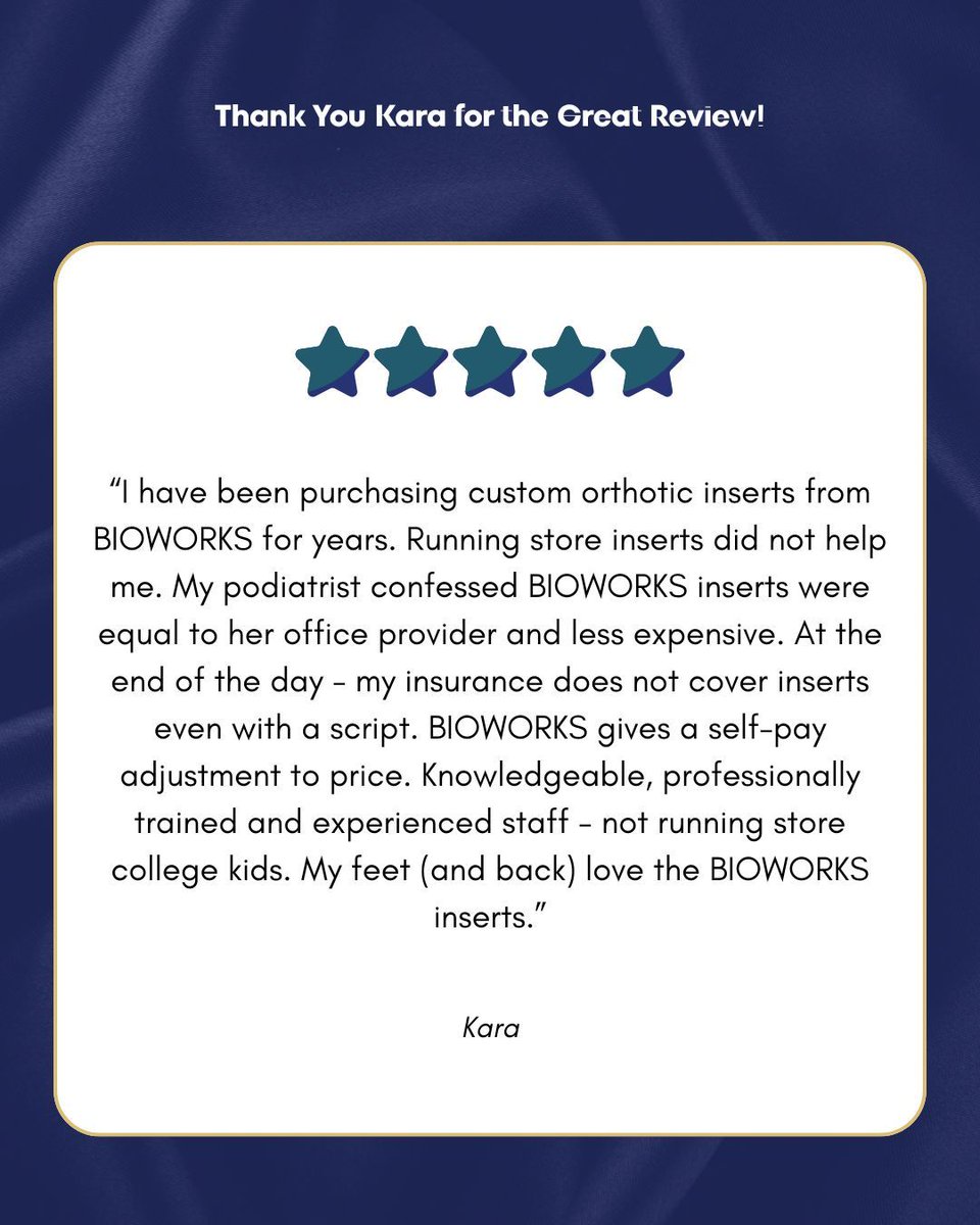 GoBioworks's tweet image. Thanks Kara for a great review of our Custom Foot Orthotics. We have three full time licensed healthcare professionals on staff to help service you! Call/Test today at 513-793-7335, to set up an appointment for orthotics! #gobioworks #footorthotics
