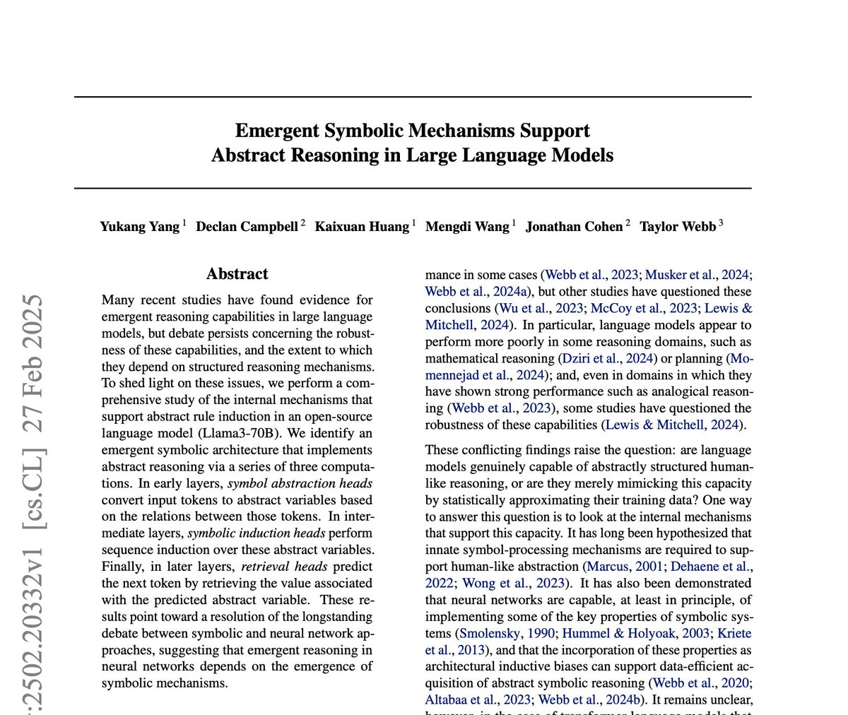 🚨 Discover the Science of LLM! We uncover how LLMs (Llama3-70B) achieve abstract reasoning through emergent symbolic mechanisms: 

1️⃣ Symbol Abstraction Heads: Early layers convert input tokens into abstract variables based on their relationships. 
2️⃣ Symbolic Induction Heads: