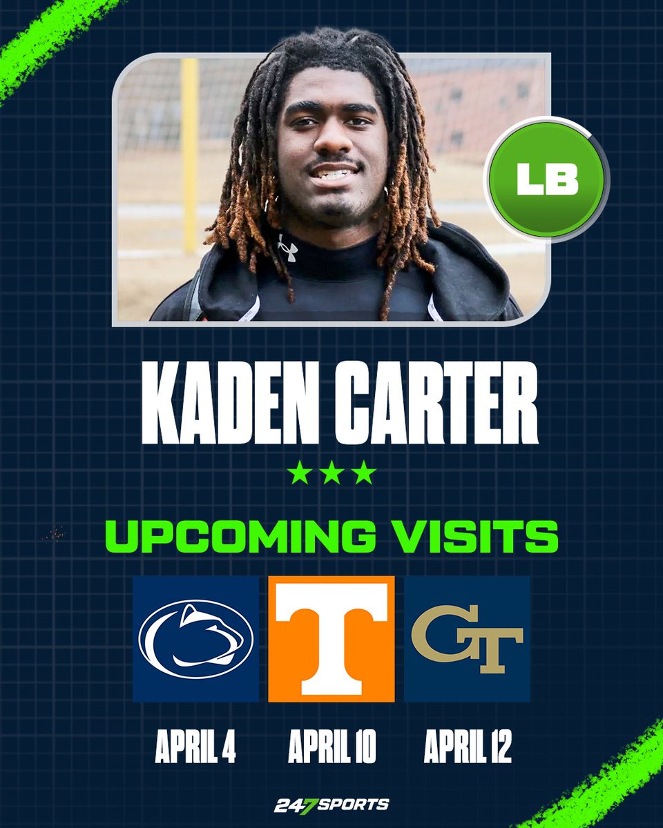 kaden carter (@kaden_carter5) on Twitter photo My upcoming visits, I have more on the way! <a href="/RyanCallahan247/">Ryan Callahan</a> <a href="/247Sports/">247Sports</a> @On3Recruits <a href="/On3sports/">On3</a> <a href="/PennStateFball/">Penn State Football</a> <a href="/VolFBRecruiting/">Tennessee Football Recruiting</a> <a href="/GeorgiaTechFB/">Georgia Tech Football</a> My upcoming visits, I have more on the way! <a href="/RyanCallahan247/">Ryan Callahan</a> <a href="/247Sports/">247Sports</a> @On3Recruits <a href="/On3sports/">On3</a> <a href="/PennStateFball/">Penn State Football</a> <a href="/VolFBRecruiting/">Tennessee Football Recruiting</a> <a href="/GeorgiaTechFB/">Georgia Tech Football</a>