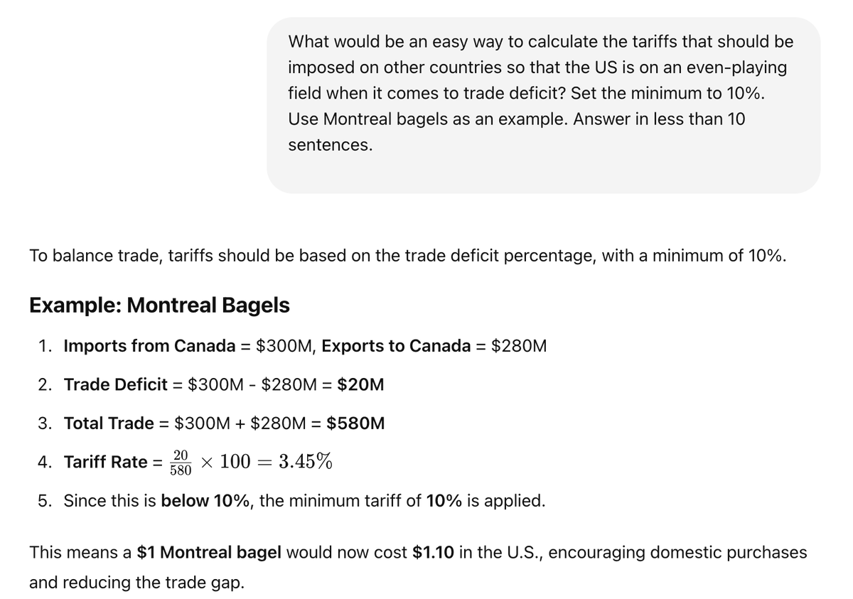bagelsAI's tweet photo. We have been advising on bagel tariff policies with a little help from AI https://t.co/DLI9jdIxfb