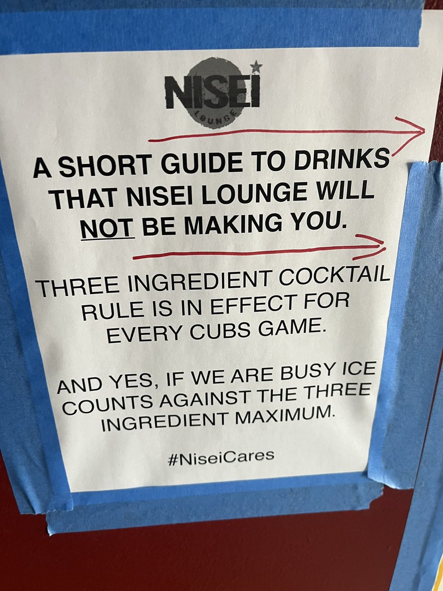 As a courtesy to first time baseball season visitors this season we have posted a display of drinks we will NOT be making when we are slammed. 

#NiseiCares