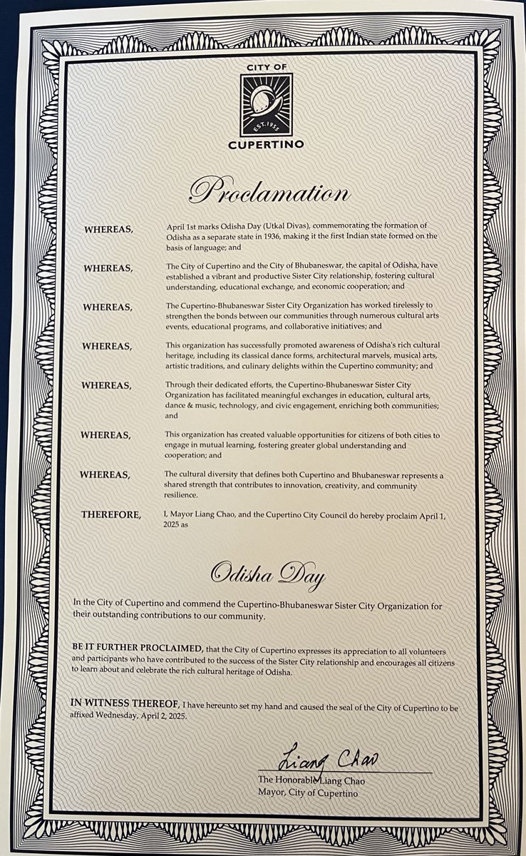 mpakala's tweet photo. City of Cupertino designated April 1 as Odisha Day(Utkal Divas) with Proclamation for years of effort to establish sister city relationship between Cupertino and Bhubaneswar. 
@KVSinghDeo1  @PravatiPOdisha  @suryabanshibjp  @MayorofBBSR  @CityofCupertino  @reenapatnaikrao https://t.co/NR88MWs9v5