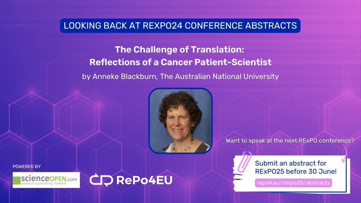 REPO4EU (@repo4eu) on Twitter photo #ScienceFridays 🔬 ‘The Challenge of Translation: Reflections of a Cancer Patient-Scientist’ by Anneke Blackburn (<a href="/scienceANU/">Science & Medicine at ANU</a>)
Published on our RExPO Conference Series via
<a href="/Science_Open/">ScienceOpen</a> 👉 drugrepocentral.scienceopen.com/hosted-documen…
Submit your abstract for #RExPO25 💊 repo4.eu/rexpo25/abstra… #ScienceFridays 🔬 ‘The Challenge of Translation: Reflections of a Cancer Patient-Scientist’ by Anneke Blackburn (<a href="/scienceANU/">Science & Medicine at ANU</a>)
Published on our RExPO Conference Series via
<a href="/Science_Open/">ScienceOpen</a> 👉 drugrepocentral.scienceopen.com/hosted-documen…
Submit your abstract for #RExPO25 💊 repo4.eu/rexpo25/abstra…