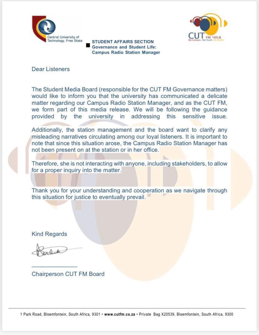 𝐂𝐔𝐓 𝐅𝐌 𝐈𝐒𝐒𝐔𝐄𝐒 𝐀 𝐒𝐓𝐀𝐓𝐄𝐌𝐄𝐍𝐓 𝐑𝐄𝐆𝐀𝐑𝐃𝐈𝐍𝐆 𝐒𝐓𝐀𝐓𝐈𝐎𝐍 𝐌𝐀𝐍𝐀𝐆𝐄𝐑 𝐋𝐀𝐈𝐋𝐀 𝐍𝐍𝐘𝐀𝐍𝐄