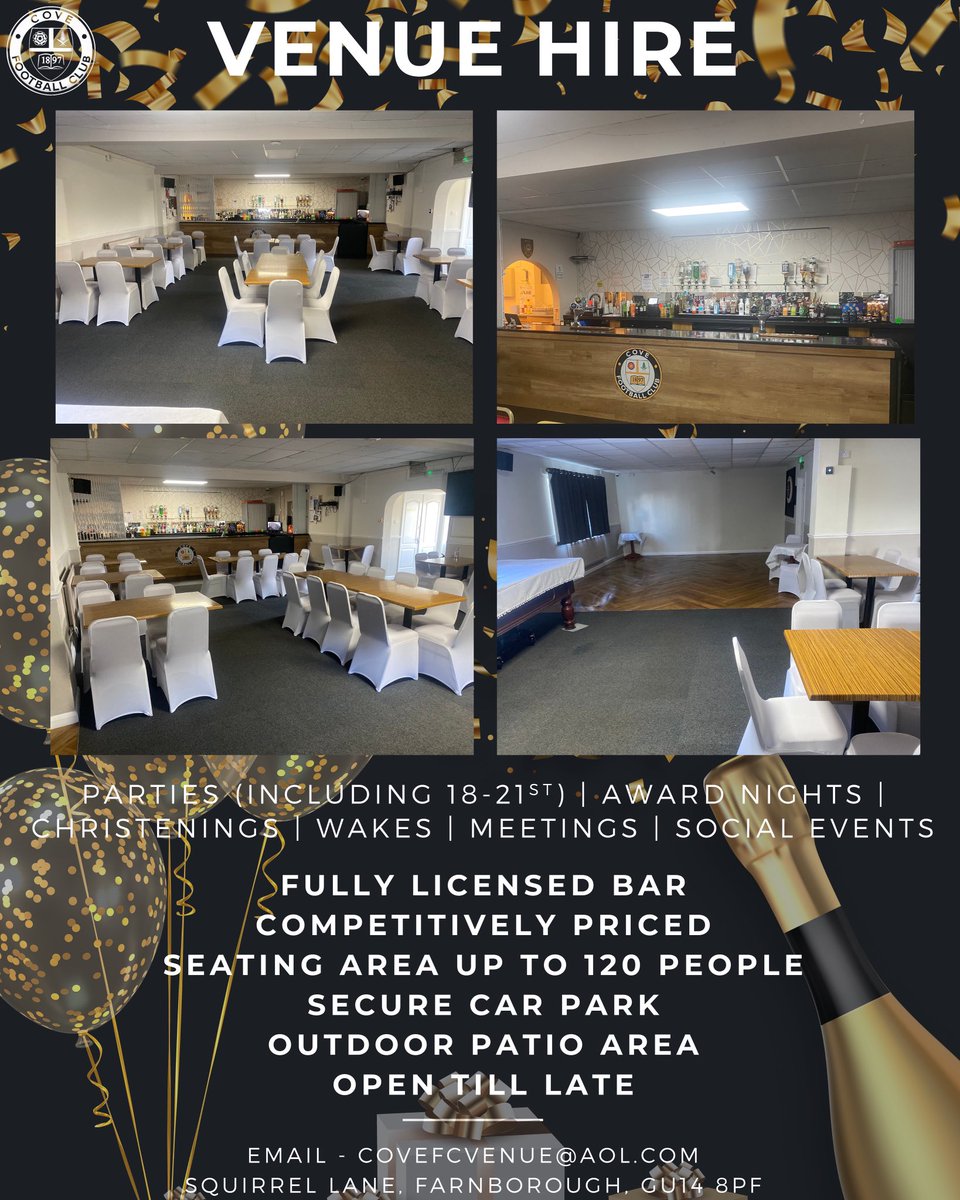 Cove Football Club (@covefc_official) on Twitter photo ๐๐๐๐๐ ๐๐๐๐ ๐๐๐๐๐๐๐๐๐
We can cater for any social event to meet your needs!
For more information please contact us via Email: covefcvenue@aol.com ๐๐๐๐๐ ๐๐๐๐ ๐๐๐๐๐๐๐๐๐
We can cater for any social event to meet your needs!
For more information please contact us via Email: covefcvenue@aol.com
