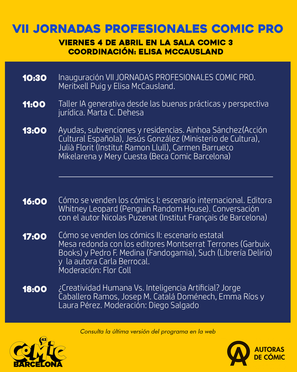 AutorasComic's tweet photo. Os esperamos el viernes 4 de abril en las VII Jornadas Profesionales de #ComicPro en @COMIC_bcn.
👁OJO al programa enfocado en temazos como el funcionamiento del mercado editorial o la IA Generativa 👇 https://t.co/RpAZWbQQbs