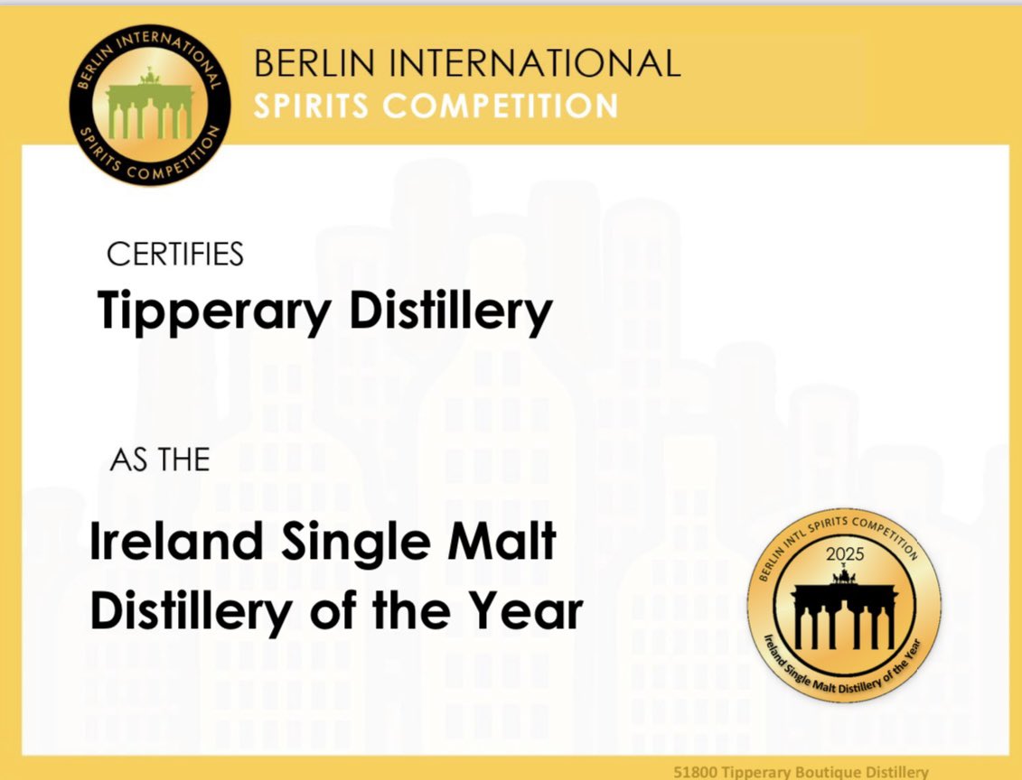 TipperaryBoutiqueDistillery (@tippdistillery) on Twitter photo Beyond proud of ourselves as we have been awarded Gold for our Watershed Whiskey, Silver for our new The 80 Apple Brandy along with <a href="/theapplefarmer/">Cornelius Traas @theapplefarmer@mastodon.ie</a> AND awarded the top prize as Ireland’s Single Malt Distillery of the Year in the Berlin International Spirits Competition! #WINNING Beyond proud of ourselves as we have been awarded Gold for our Watershed Whiskey, Silver for our new The 80 Apple Brandy along with <a href="/theapplefarmer/">Cornelius Traas @theapplefarmer@mastodon.ie</a> AND awarded the top prize as Ireland’s Single Malt Distillery of the Year in the Berlin International Spirits Competition! #WINNING